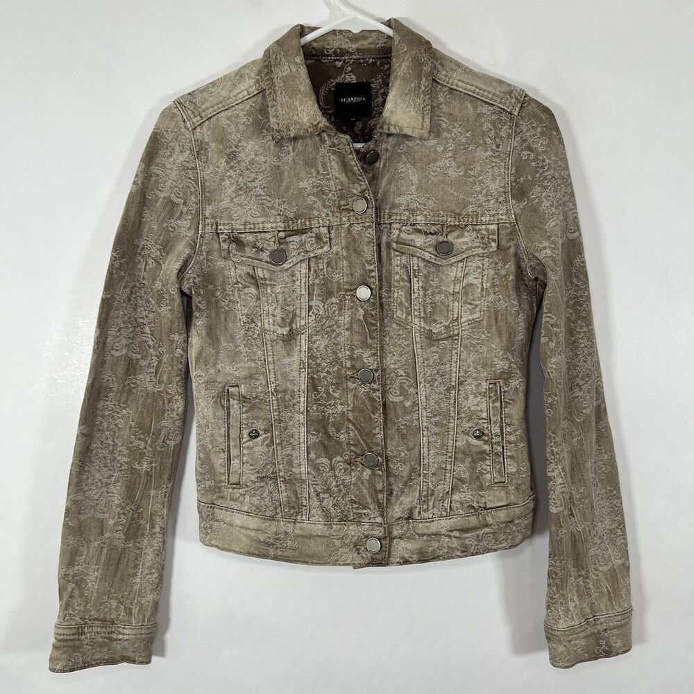 Liverpool Jeans Company Denim Jacket Womens Size XS Beige Geometric Button Front